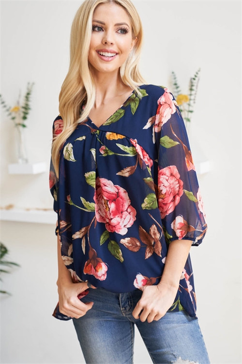 OS-PPT2578-NVCRLDBL - QUARTER PUFF SLEEVES BOLD FLORAL TOP WITH INSIDE LINING- NAVY-CORAL/D. BLUE (Out of Stock; No More Incoming)