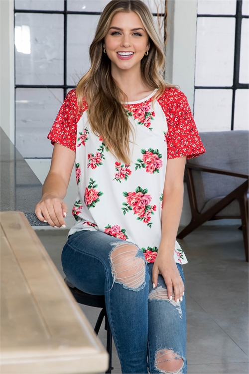 S13-10-2-PPT2580-IVPKCRYWNIV - ROUND NECK FLORAL CONTRAST RAGLAN TOP- IVORY-PINK/CHERRY-WINE-IVORY 1-2-2-2