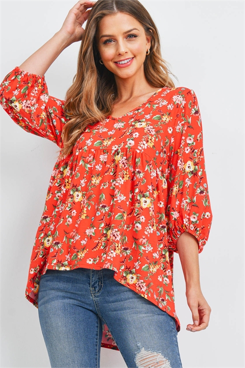 S8-10-1-PPT2591-TMTCB - FLORAL PRINT QUARTER SLEEVE HI-LOW TOP- TOMATO COMBO 1-2-2-2