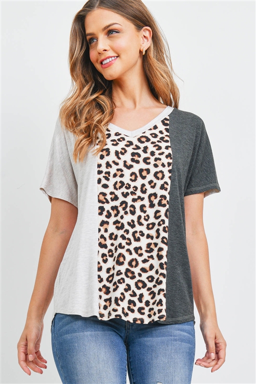 S11-19-3-PPT2594-OTMBWNCHL-1 - VERTICAL COLOR BLOCK LEOPARD CONTRAST TOP- OATMEAL/BROWN/CHARCOAL 0-2-2-2