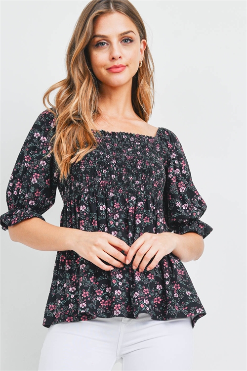 S10-18-1-PPT2596-BKRASTL-1 - RUFFLE QUARTER SLEEVE SMOCKED FLORAL TOP- BLACK-RAS-TEAL 0-2-2-2