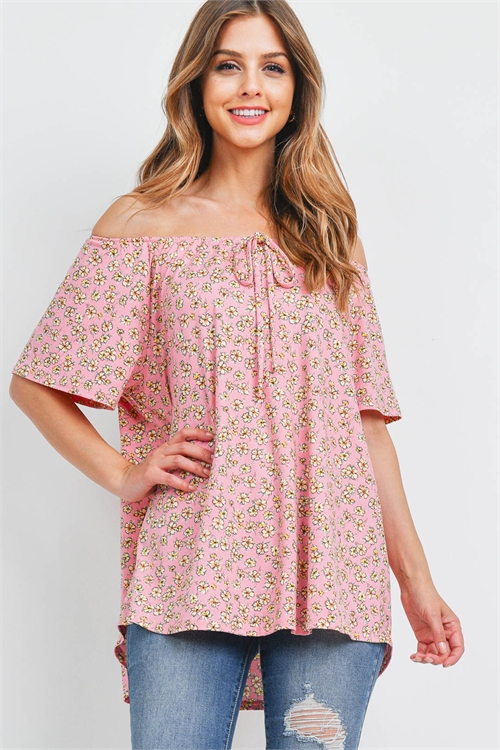 S10-20-3-PPT2598-RS-1 - FLORAL TOP FRONT TIE OFF-SHOULDER HI-LOW - ROSE 2