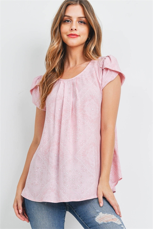 S11-20-2-PPT2603-BBYPK - ROUND NECK TULIP SLEEVE PAISLEY PLEATED TOP- BABY PINK 1-2-2-2