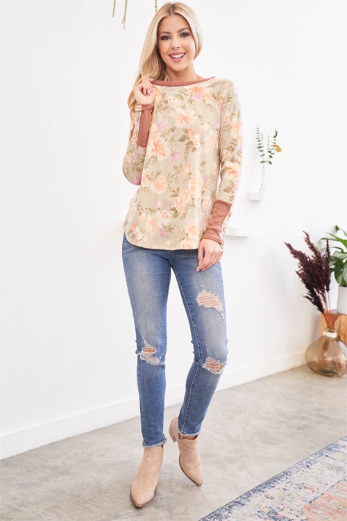 S15-2-3-PPT2612-LTOVFCHRU - RIB DETAIL CONTRAST FLORAL BUTTON TOP- LIGHT OLIVE-FUCHSIA/RUST 1-2-2-2