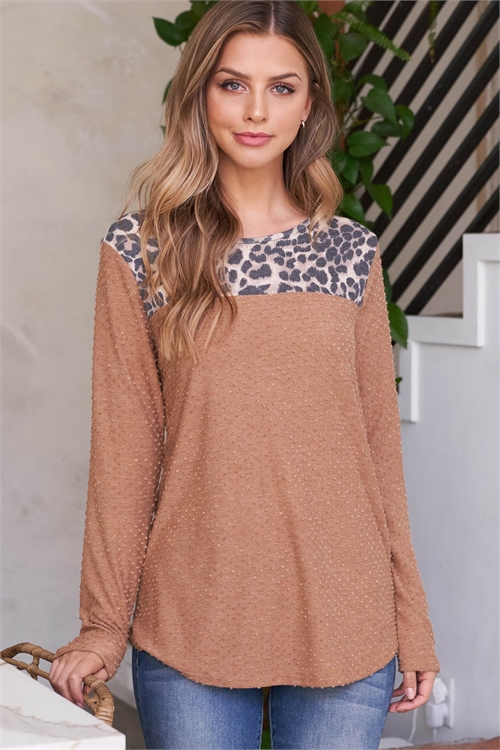 S11-17-3-PPT2614-CMLGYBK-1 - LONG SLEEVE LEOPARD CONTRAST SWISS DOT TOP- CAMEL/GREY-BLACK 0-1-2-2