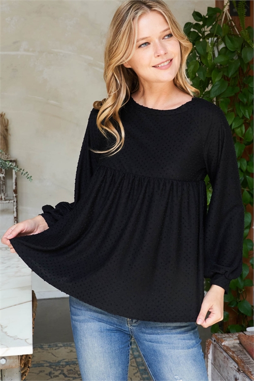 S6-7-2-PPT2615-JTBK - EMPIRE WAIST  LONG SLEEVE SWISS DOT TOP- JET BLACK 1-2-2-2