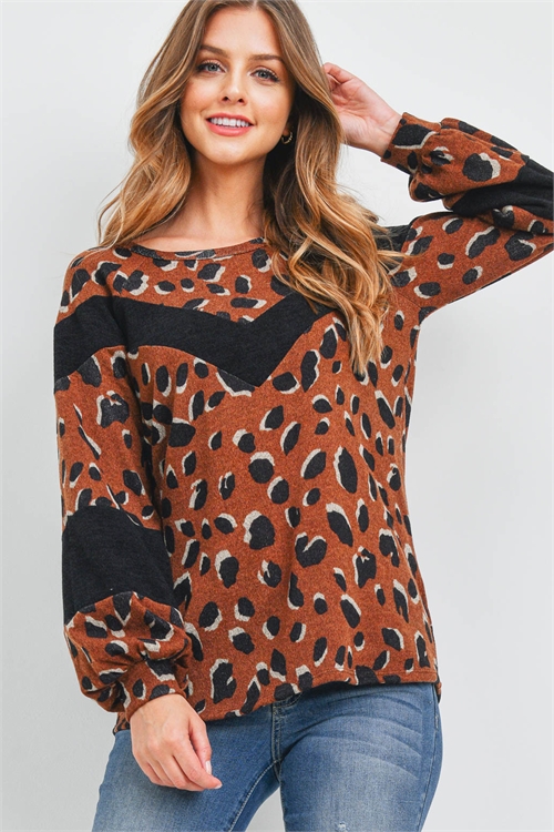 S11-11-3-PPT2616-BWNBK - CHEVRON DETAIL PUFF SLEEVES LEOPARD TOP- BROWN/BLACK 1-2-2-2