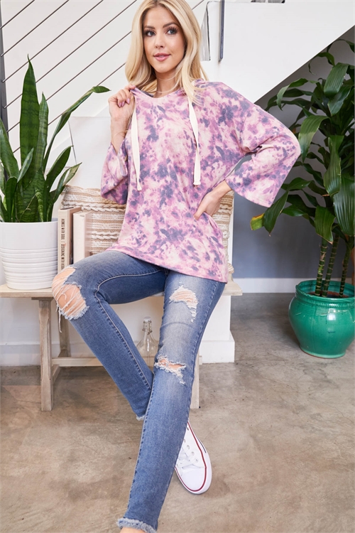 S9-15-3-PPT2623-MVPPL-1 - TIE DYE LONG SLEEVE SELF TIE HOODIE- MAUVE/PURPLE 2-2-1-2