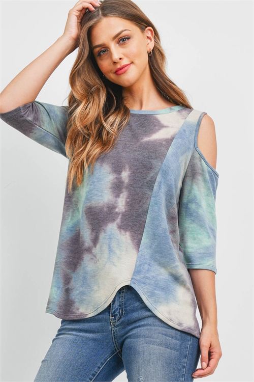 S10-14-1-PPT2624-CHLBLLTT - ONE SIDE COLD SHOULD QUARTER SLEEVE TIE DYE TOP- CHARCOAL-BLUE-LATTE 1-2-2-2