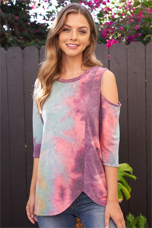 S10-14-1-PPT2624-MNTCRLPLM - ONE SIDE COLD SHOULD QUARTER SLEEVE TIE DYE TOP- MINT-CORAL-PLUM 1-2-2-2