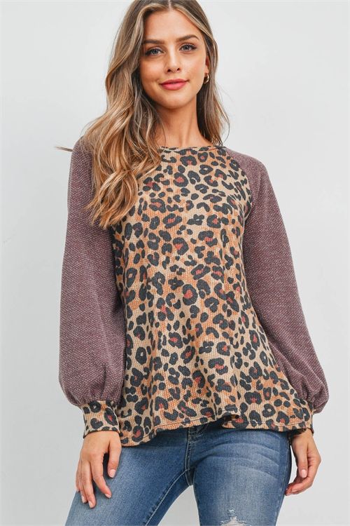 S4-2-1-PPT2626-MCTPBWN - RIB PUFF SLEEVES DRAKE LEOPARD TOP- MOCHA-TAUPE/BROWN 1-2-2-2