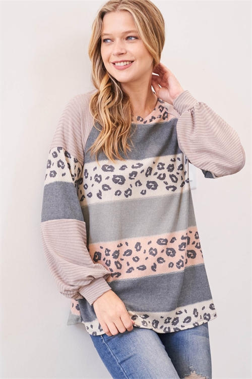 S14-3-5-PPT2627-CHLTPMVLTT-1 - PUFF SLEEVE DIAMOND RIB CONTRAST LEOPARD TOP- CHARCOAL/TAUPE/MAUVE-LATTE 0-1-2-1