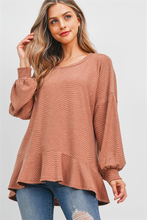 S11-19-3-PPT2631-CML-1 - LONG PUFF SLEEVE SCOOP NECKLINE DIAMOND RIB TOP- CAMEL 0-2-2-2