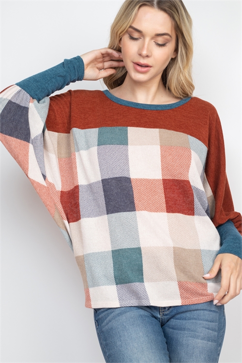 SA4-00-3-PPT2632-BRKGNRUBL - DOLMAN SLEEVE PLAID CONTRAST TOP- BRICK-GREEN/RUST/BLUE 1-2-2-2