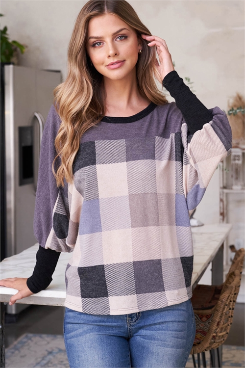 S10-19-2-PPT2632-CHLTPBKTPMCBK-1 - DOLMAN SLEEVE PLAID CONTRAST TOP- CHARCOAL-TAUPE-BLACK/TAUPE-MOCHA/BLACK 0-1-2-0