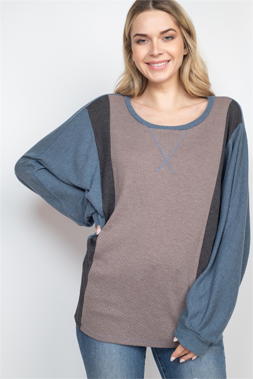 S10-18-3-PPT2634-TLMCBK-1 - SCOOP NECKLINE SOLID COLOR BLOCK HACCI TOP- TEAL/MOCHA/BLACK 0-2-2-2