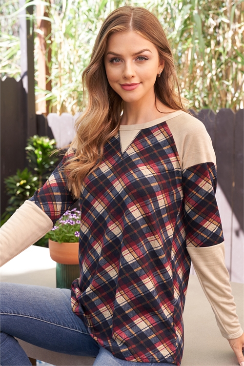 SA4-0-2-PPT2639-CDRSBGMC - LONG SLEEVE SOLID CONTRAST HACCI PLAID TOP- CUADROS BEIGE/MOCHA 1-2-2-2