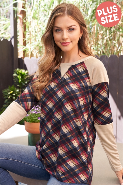 SA3-0-3-PPT2639X-CDRSBGMC - PLUS SIZE LONG SLEEVE SOLID CONTRAST HACCI PLAID TOP- CUADROS BEIGE/MOCHA 3-2-1