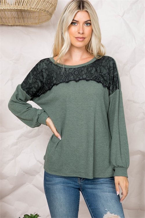 S9-19-3-PPT2640-DKOV-1 - LONG SLEEVE SOLID HACCI LACE DETAIL CONTRAST TOP- DARK OLIVE 0-3-2-1