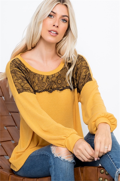 S9-19-3-PPT2640-MU-1 - LONG SLEEVE SOLID HACCI LACE DETAIL CONTRAST TOP- MUSTARD 1-0-1-2