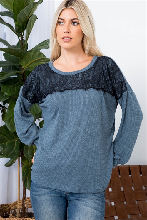 S9-19-3-PPT2640-TL-1 - LONG SLEEVE SOLID HACCI LACE DETAIL CONTRAST TOP- TEAL 1-2-1-2