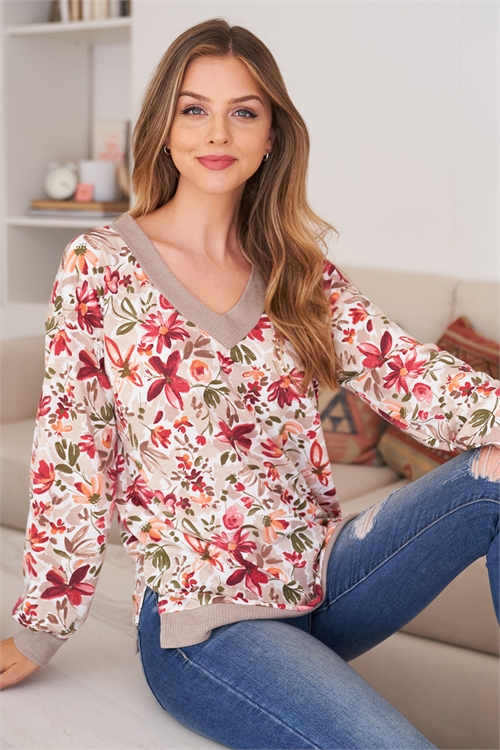 S13-8-1-PPT2642-TPLTT - FRONT-BACK V-NECK BELLA RIB BAND FLORAL TOP- TAUPE/LATTE 1-2-2-2