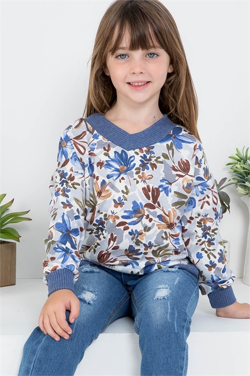 S13-10-1-PPT2642TK-DSTBLDNM - KIDS FRONT-BACK V-NECK BELLA RIB BAND FLORAL TOP- DUSTY BLUE-DENIM/NAVY 1-1-1-1-1-1-1-1 (NOW $4.75 ONLY!)