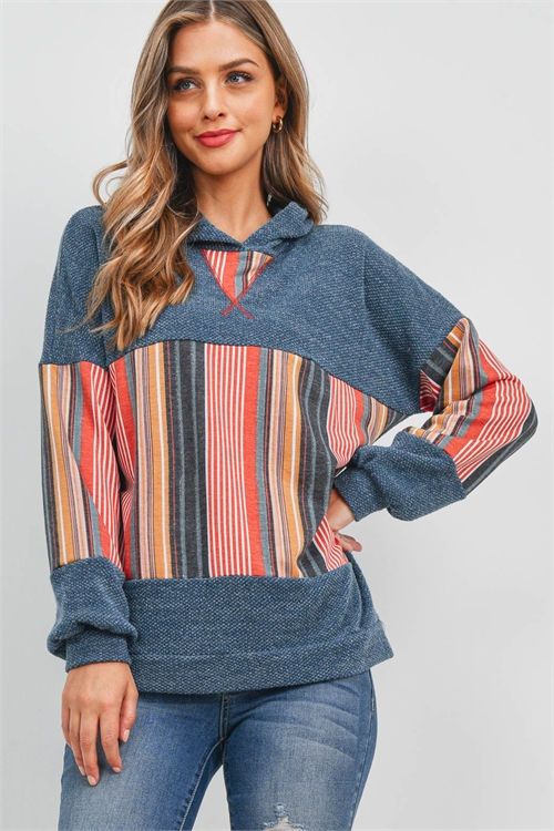 S8-11-2-PPT2644-DTLRUTLCHL-1 - MULTI-COLOR STRIPES CONTRAST HOODIE- D. TEAL/RUST-TEAL-CHARCOAL 0-2-1-2