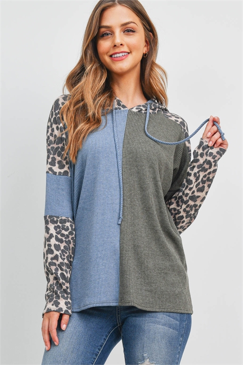 S10-12-3-PPT2649-OVTLBLGYBK-1 - BELLA RIB LEOPARD SLEEVE SELF TIE HOODIE- OLIVE/TEAL BLUE/GREY-BLACK 0-2-2-2