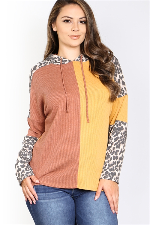 S12-2-5-PPT2649X-MURUGYBK - PLUS SIZE BELLA RIB LEOPARD SLEEVE SELF TIE HOODIE- MUSTARD-RUST-GREY/BLACK 3-2-1