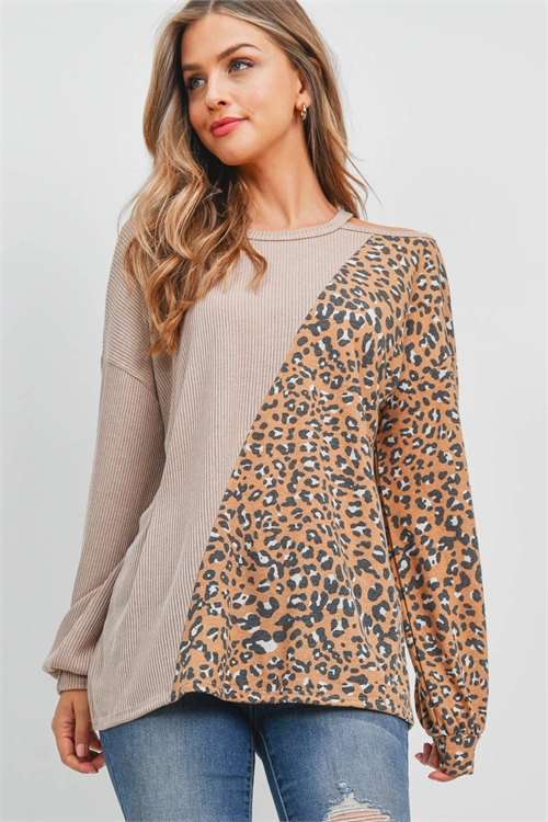 S13-8-2-PPT2651-TPCMLBK - VERTICAL LEOPARD CONTRAST BELLA RIB TOP- TAUPE/CAMEL-BLACK 1-2-2-2