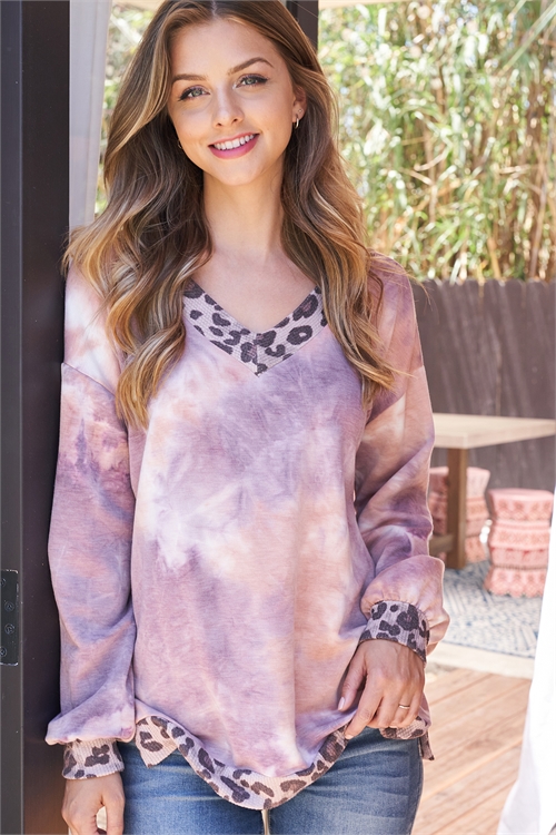 S11-6-2-PPT2659-MARCBBWNRS - FLEECE FRENCH TERRY TIE DYE LEOPARD CONTRAST TOP- MARSALA COMBO/BROWN-ROSE 1-2-2-2