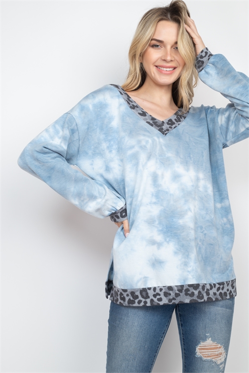 S10-18-3-PPT2659-TLCHLGY-1 - FLEECE FRENCH TERRY TIE DYE LEOPARD CONTRAST TOP- TEAL/CHARCOAL-GREY 0-1-2-2