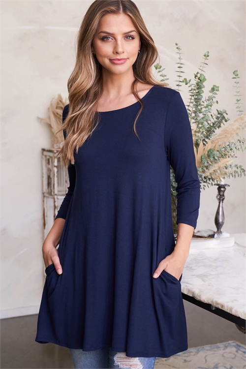 S11-15-3-PPT2662-NV - QUARTER SLEEVE  SOLID SWING TOP- NAVY 1-2-2-2