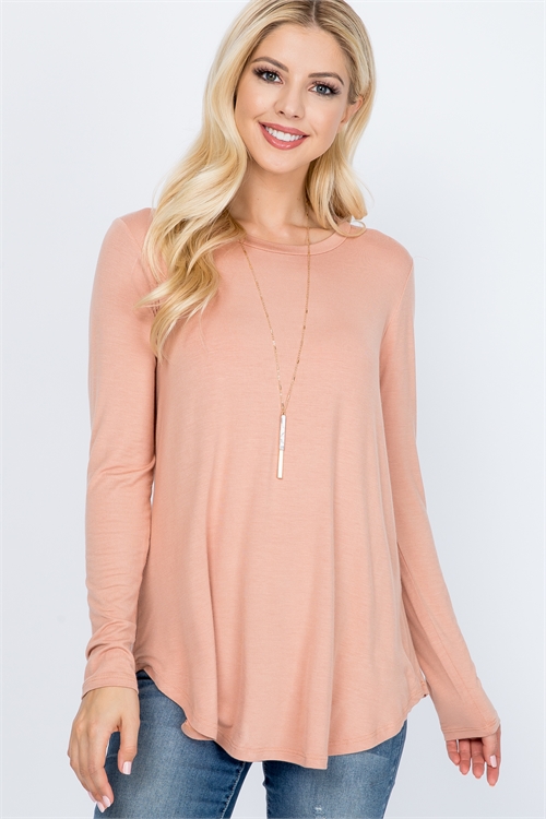 S11-4-3-PPT2663-BLS - LONG SLEEVE DOLPHIN HEM SOLID TOP- BLUSH 1-2-2-2