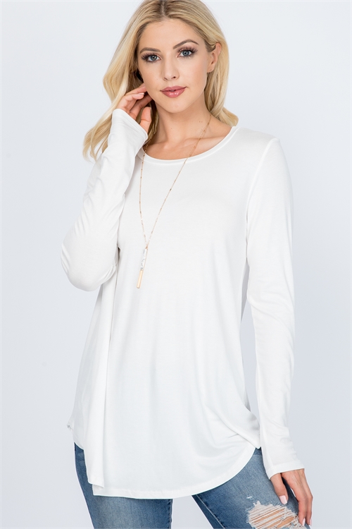 S9-18-4-PPT2663-IV-1 - LONG SLEEVE DOLPHIN HEM SOLID TOP- IVORY 0-1-2-2