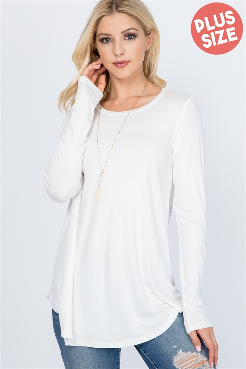S16-6-2-PPT2663X-IV - PLUS SIZE LONG SLEEVE DOLPHIN HEM SOLID TOP- IVORY 3-2-1