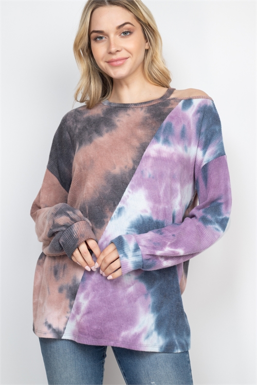 S8-13-4-PPT2664-MVCBNVPPL-1 - RIB TIE DYE CONTRAST COLD SHOULDER TOP- MAUVE COMBO/NAVY-PURPLE 1-2-2-1