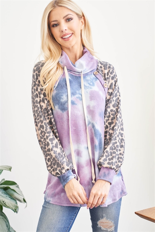 C42-B-PPT2666-NVPPLGYBK-A -LEOPARD SLEEVES TIE DYE COWL NECK TOP WITH SELF TIE-NAVY-PURPLE/GREY-BLACK 1-3-3-1