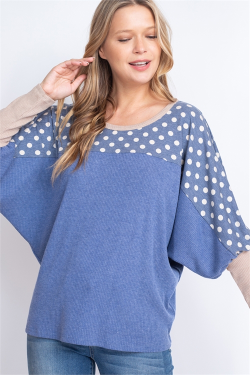 S16-4-5-PPT2669-NVNVTP - DOLMAN SLEEVE POLKA DOT CONTRAST BELLA RIB TOP- NAVY/NAVY/TAUPE 1-2-2-2