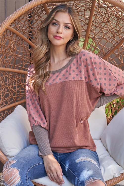 S12-12-3-PPT2669-RURUMC-1 - DOLMAN SLEEVE POLKA DOT CONTRAST BELLA RIB TOP- RUST/RUST/MOCHA 0-2-2-1