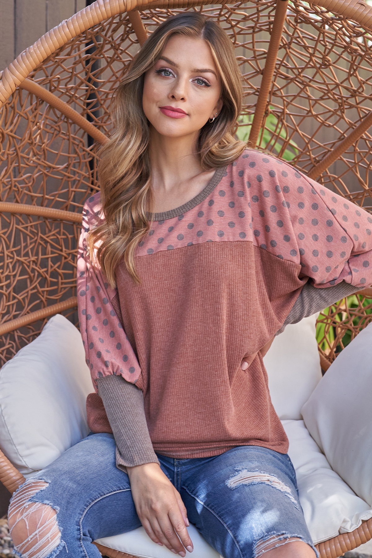 S9-9-4-PPT2669-RURUMC - DOLMAN SLEEVE POLKA DOT CONTRAST BELLA RIB TOP- RUST/RUST/MOCHA 1-2-2-2