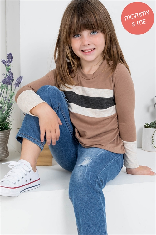 SA3-00-4-PPT2673TK-NMCOTMCHL - KIDS LONG SLEEVE RIB CONTRAST TOP- NEW MOCHA/OATMEAL/CHARCOAL 1-1-1-1-1-1-1-1 (NOW $5.75 ONLY!)