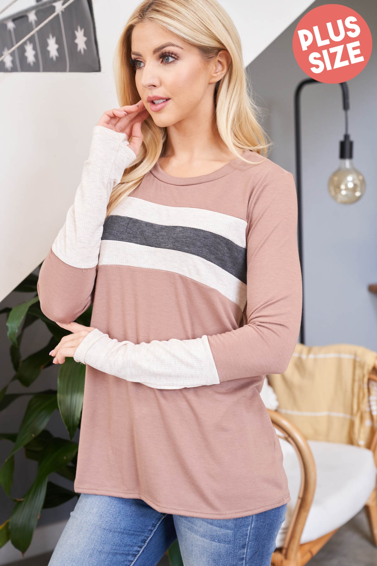 S15-10-2-PPT2673X-NWMCHOTMCHL - PLUS SIZE THUMBHOLE LONG SLEEVE RIB CONTRAST TOP- NEW MOCHA/H. OATMEAL/CHARCOAL 3-2-1 (NOW $7.75 ONLY! )