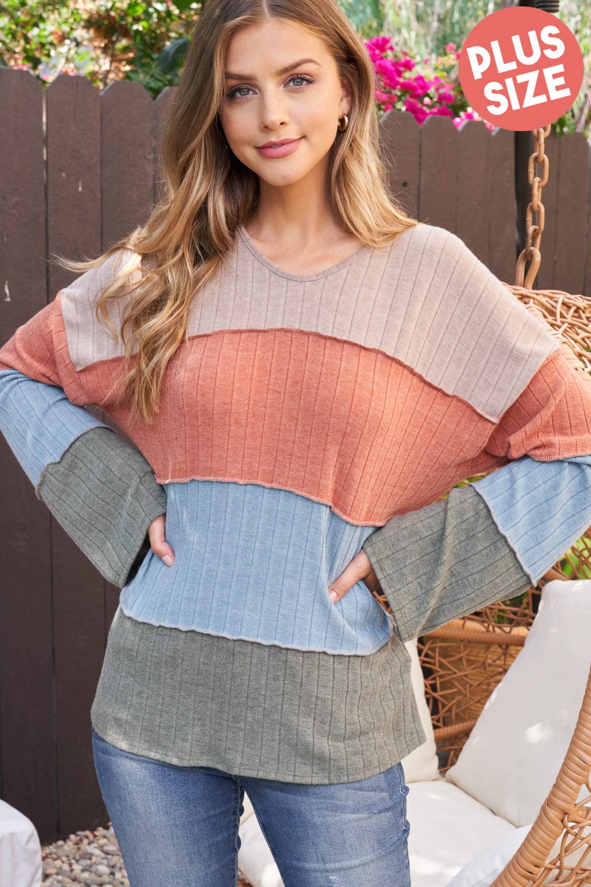 S11-7-3-PPT2674X-MCRUBLSLTOV - PLUS SIZE COLOR BLOCK BAND RIB LONG SLEEVE TOP- MOCHA/RUST/BLUE SLATE/OLIVE 3-2-1