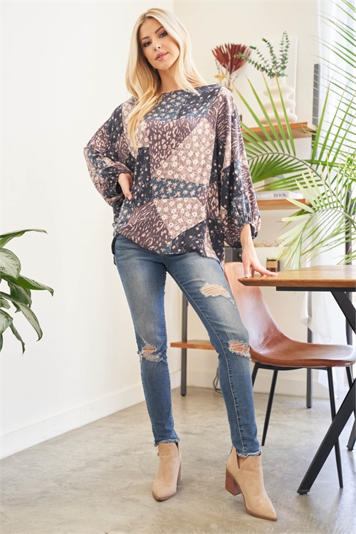 S10-20-4-PPT2677-NVMC-1 - FLORAL GEOMETRIC TILE PUFF SLEEVE TOP- NAVY MOCHA 0-1-1-2