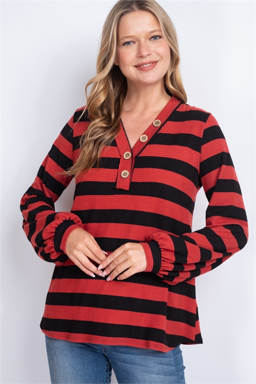 S4-2-3-PPT2682-BRK - BUTTON DETAIL V-NECKLINE LONG SLEEVES STRIPES TOP- BRICK 1-2-2-2