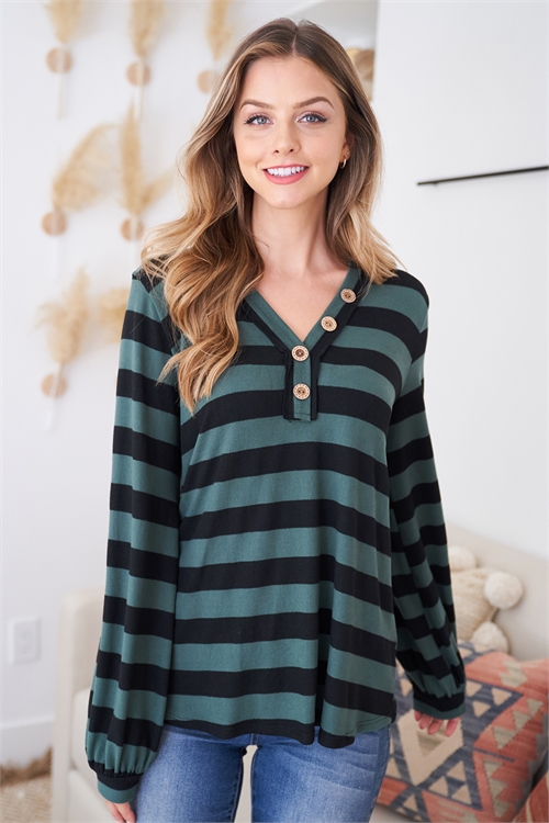 S14-4-3-PPT2682-FRGN-1 - BUTTON DETAIL V-NECKLINE LONG SLEEVES STRIPES TOP- FOREST GREEN 0-1-2-2