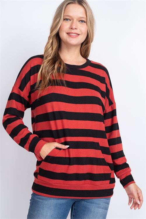 S15-6-3-PPT2683-BRK - STRIPES LONG SLEEVE TOP WITH KANGAROO POCKET- BRICK 1-2-2-2