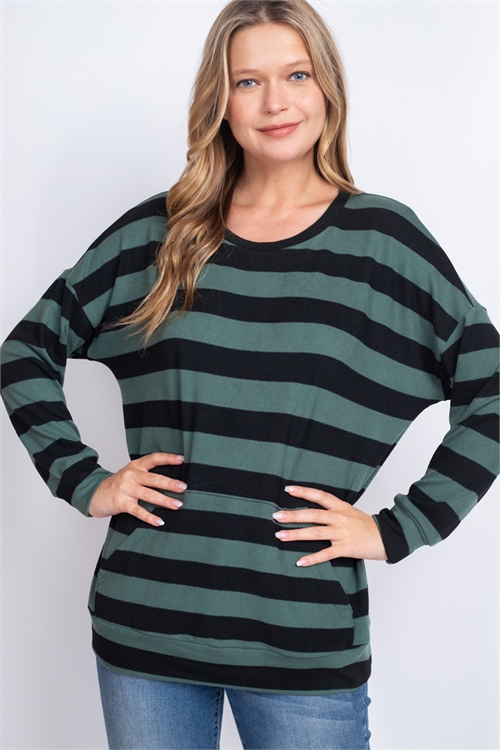 S10-20-4-PPT2683-FRGN-1 - STRIPES LONG SLEEVE TOP WITH KANGAROO POCKET- FOREST GREEN 0-2-2-2